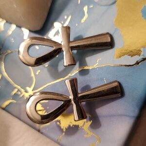Vintage Egyptian Revival Silver Tone Large Ankh Pierced Earrings